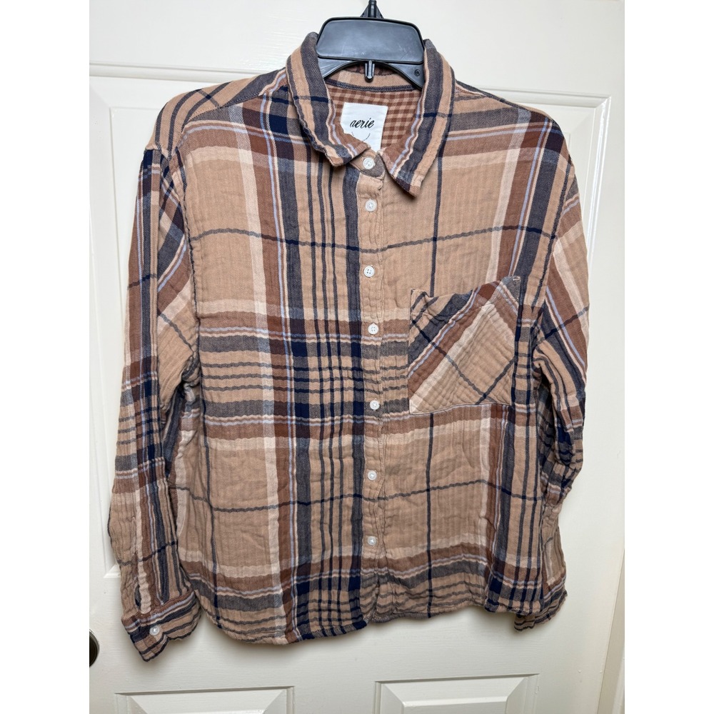 Aerie Brown Tan Plaid Flannel Button Down Shirt Gauze Texture Medium
